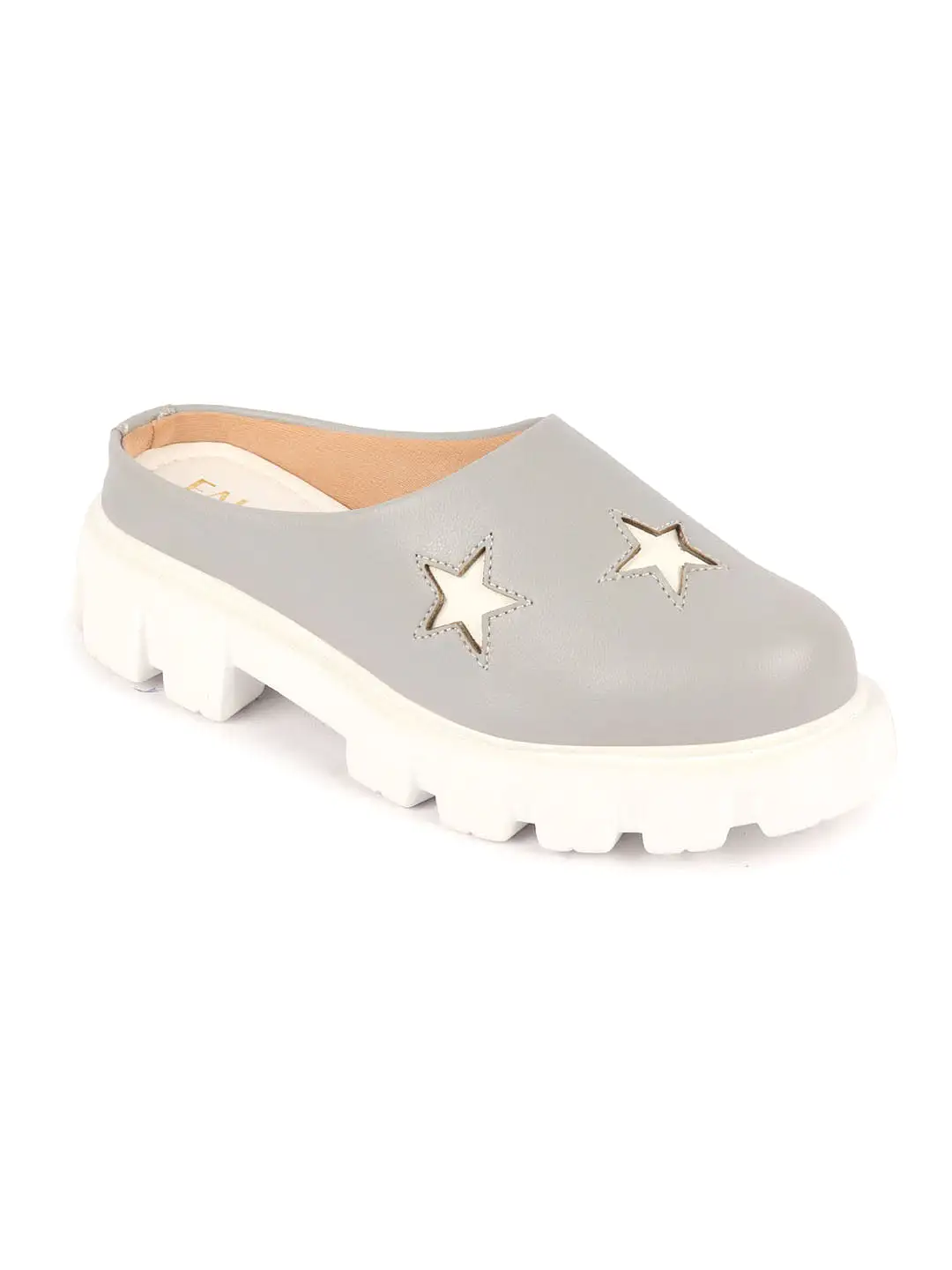 Women Grey Laser Cut Star Open Back Height Enhancer Slip On Casual Shoes