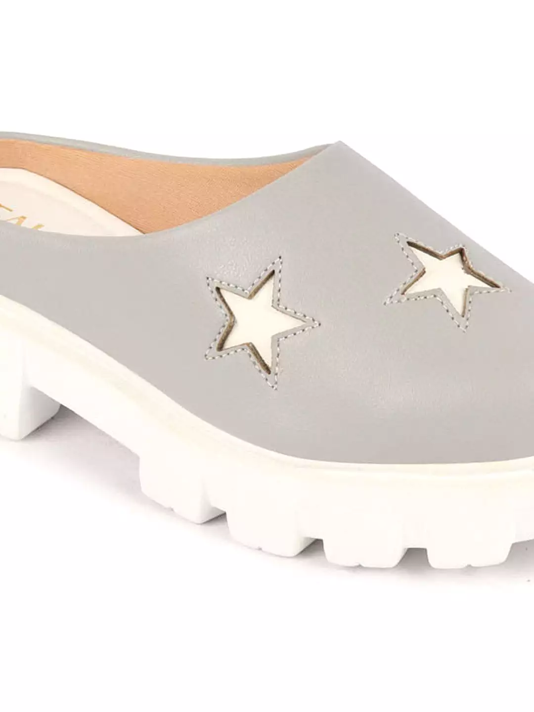 Women Grey Laser Cut Star Open Back Height Enhancer Slip On Casual Shoes