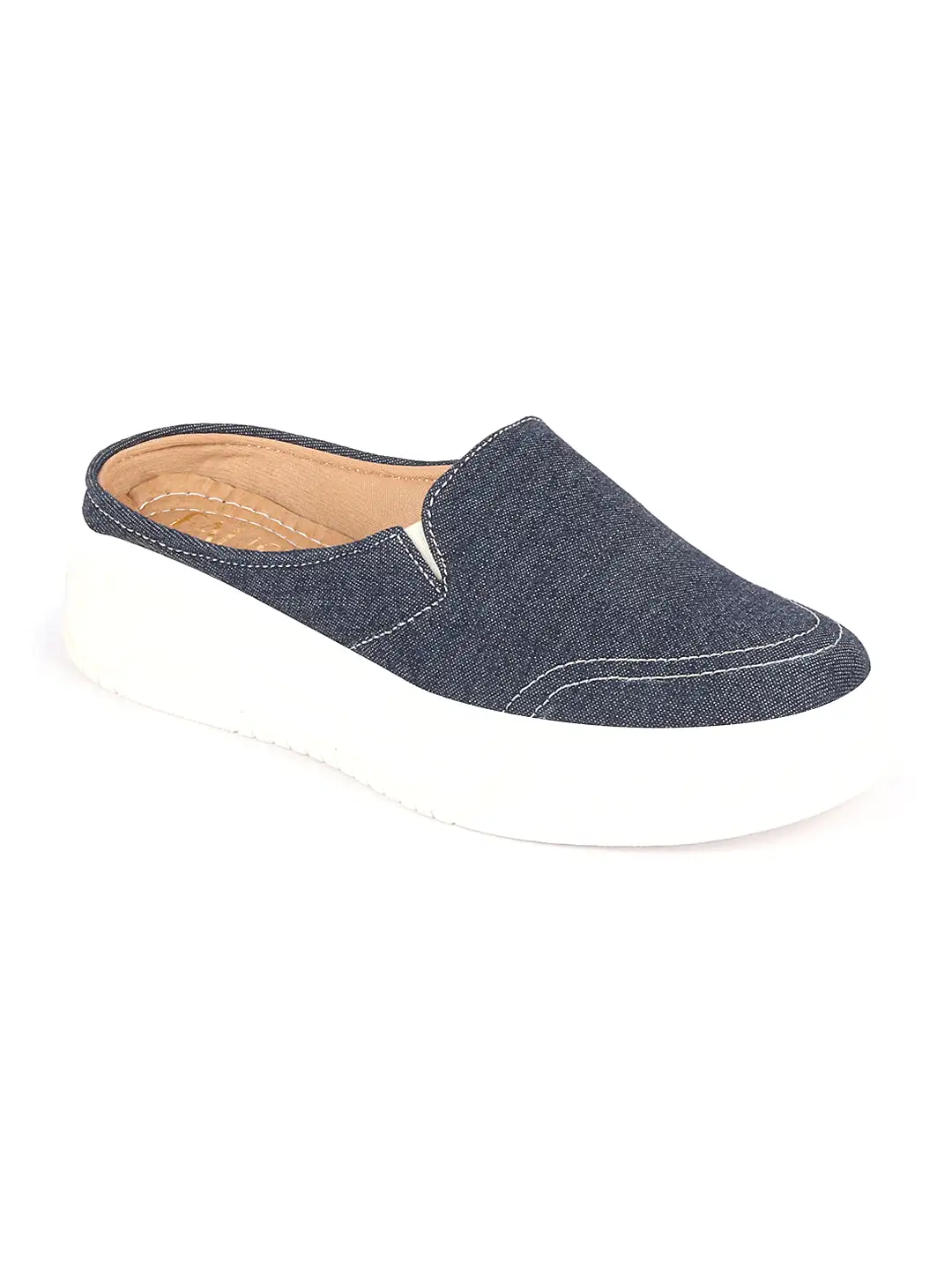 Women Navy Blue Fashion Classic Stitched Upper Denim Open Back Slip On Height Enhancer Casual Shoes