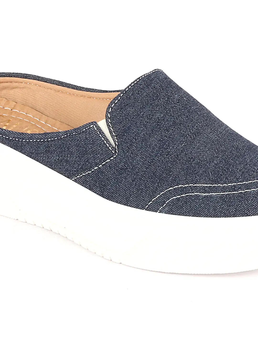 Women Navy Blue Fashion Classic Stitched Upper Denim Open Back Slip On Height Enhancer Casual Shoes