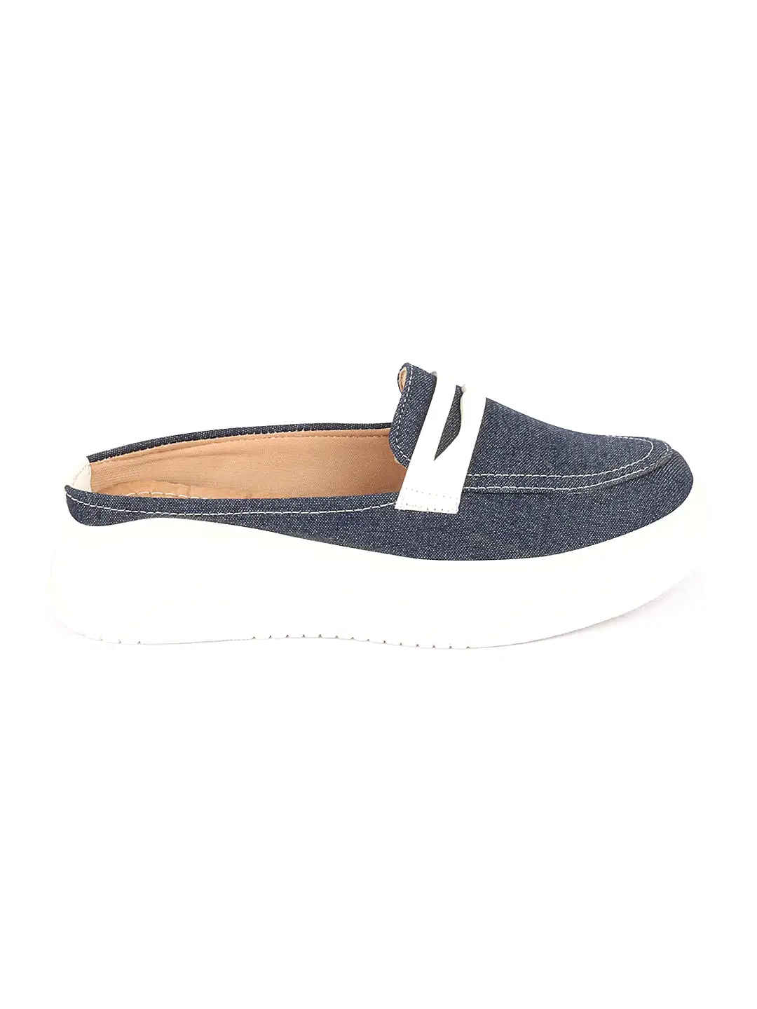 Women Navy Blue Fashion Outdoor Height Enhancer Open Back Slip On Upper Denim Casual Shoes