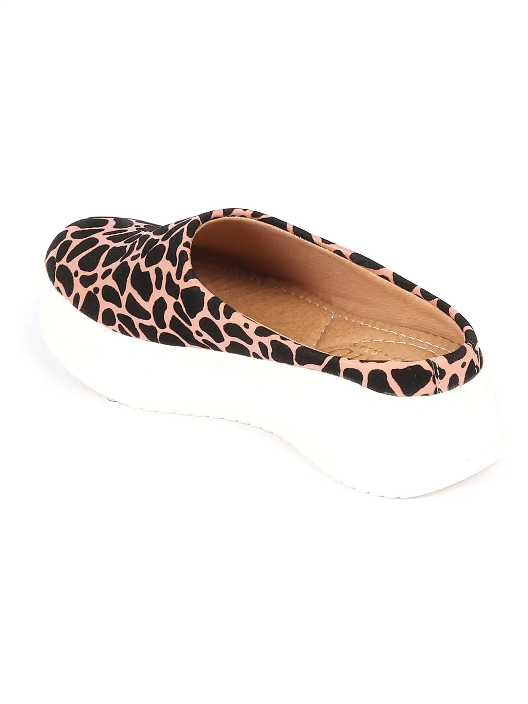 Women Peach Fashion Outdoor Leopard Print Height Enhancer Open Back Slip On Casual Shoes