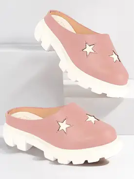 Women Peach Laser Cut Star Open Back Height Enhancer Slip On Casual Shoes