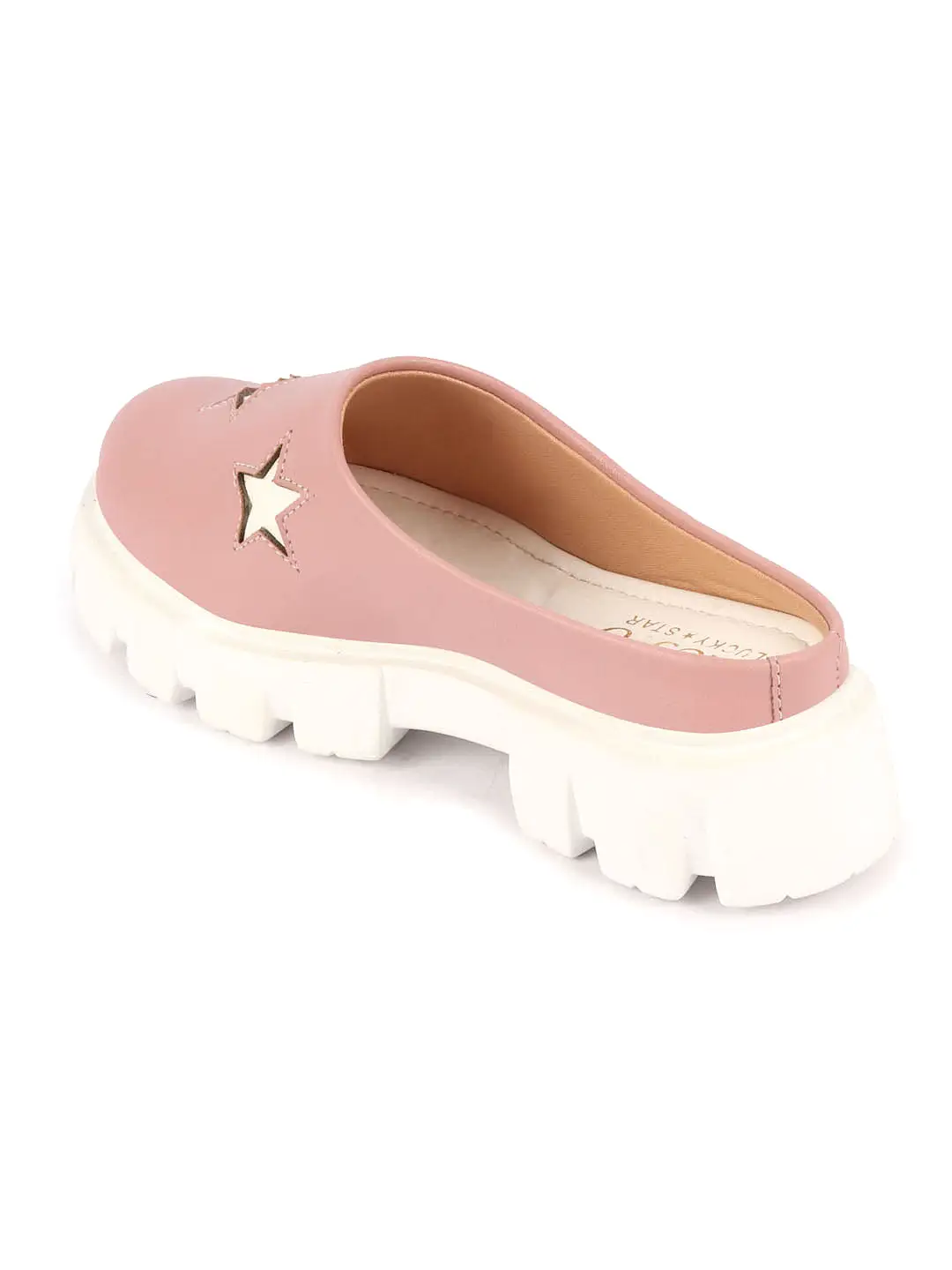 Women Peach Laser Cut Star Open Back Height Enhancer Slip On Casual Shoes