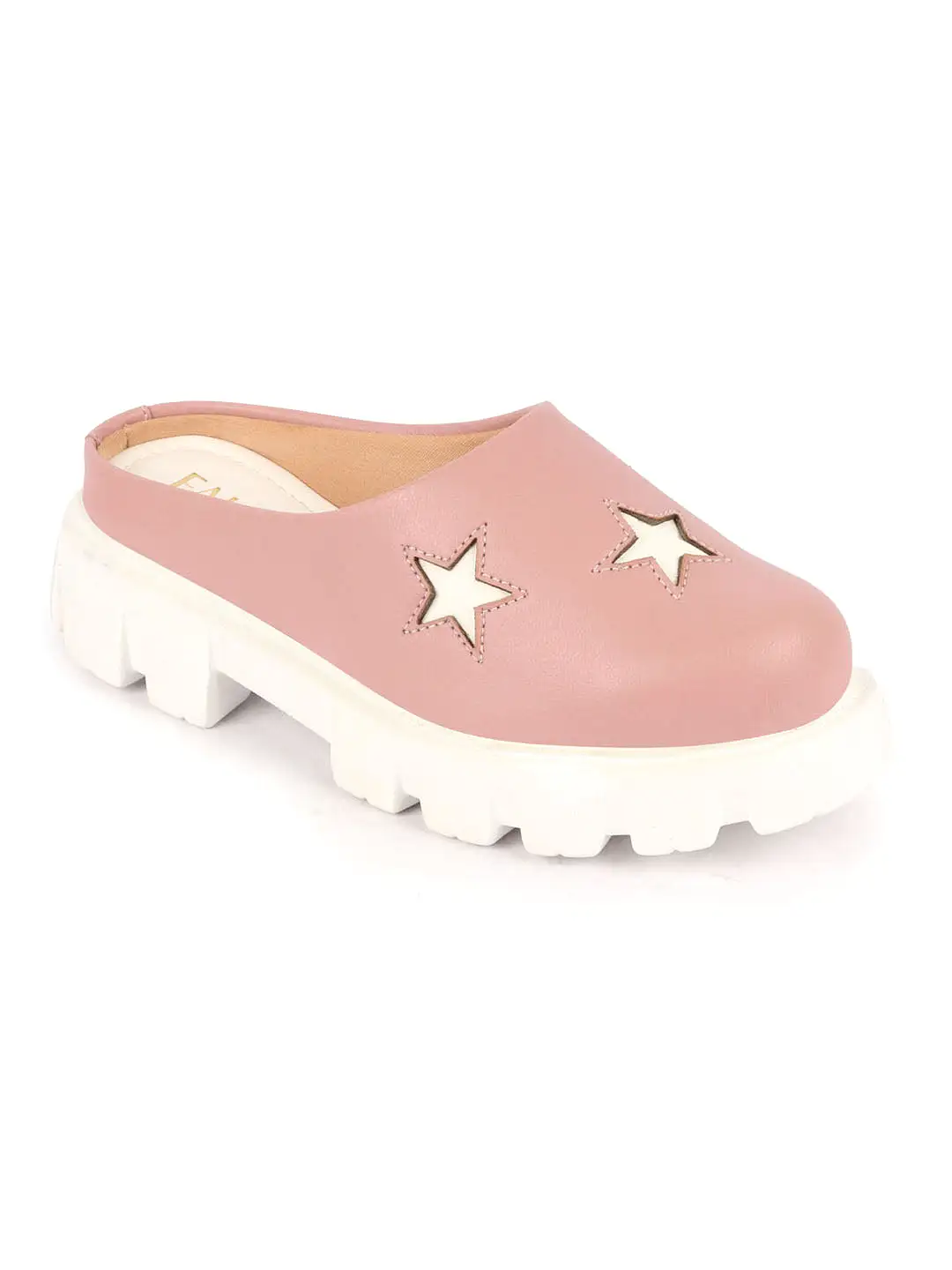 Women Peach Laser Cut Star Open Back Height Enhancer Slip On Casual Shoes