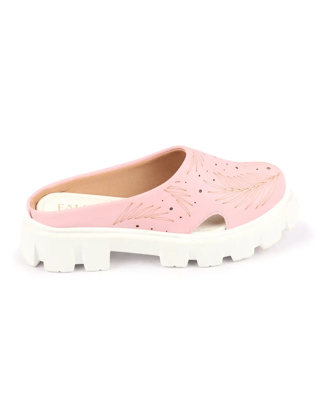 Women Pink Fashion Outdoor Leaf Print Laser Cut Design Open Back Slip On Casual Shoes