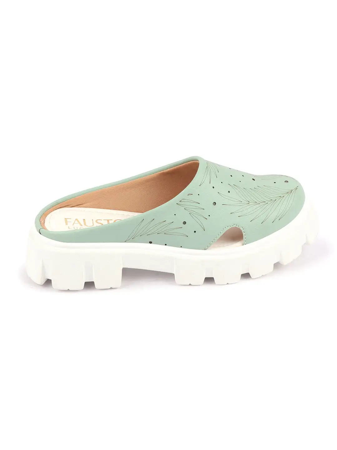 Women Pista Green Fashion Outdoor Leaf Print Laser Cut Design Open Back Slip On Casual Shoes