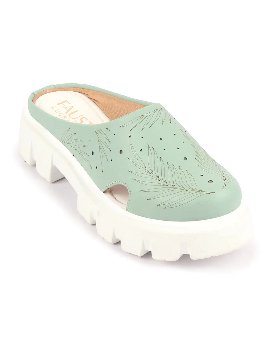 Women Pista Green Fashion Outdoor Leaf Print Laser Cut Design Open Back Slip On Casual Shoes