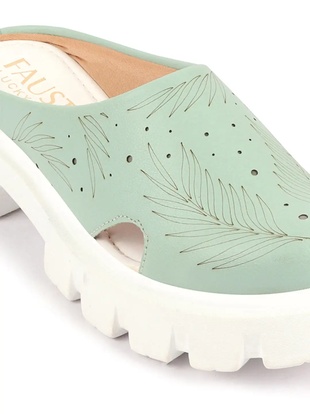 Women Pista Green Fashion Outdoor Leaf Print Laser Cut Design Open Back Slip On Casual Shoes