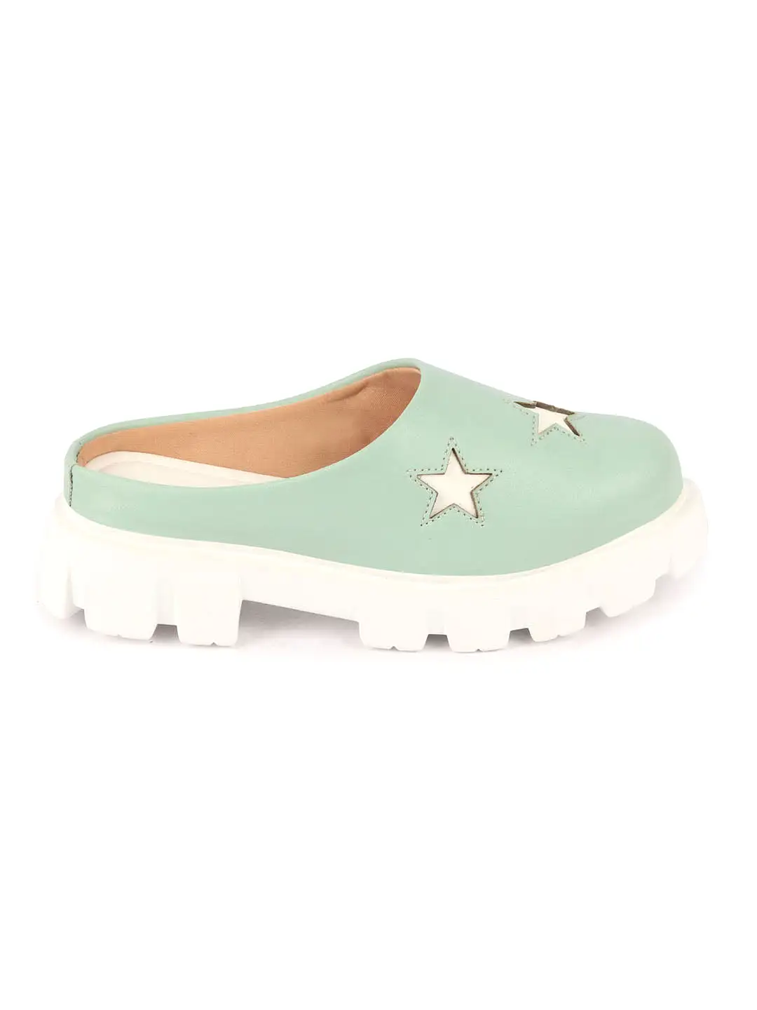 Women Pista Green Laser Cut Star Open Back Height Enhancer Slip On Casual Shoes