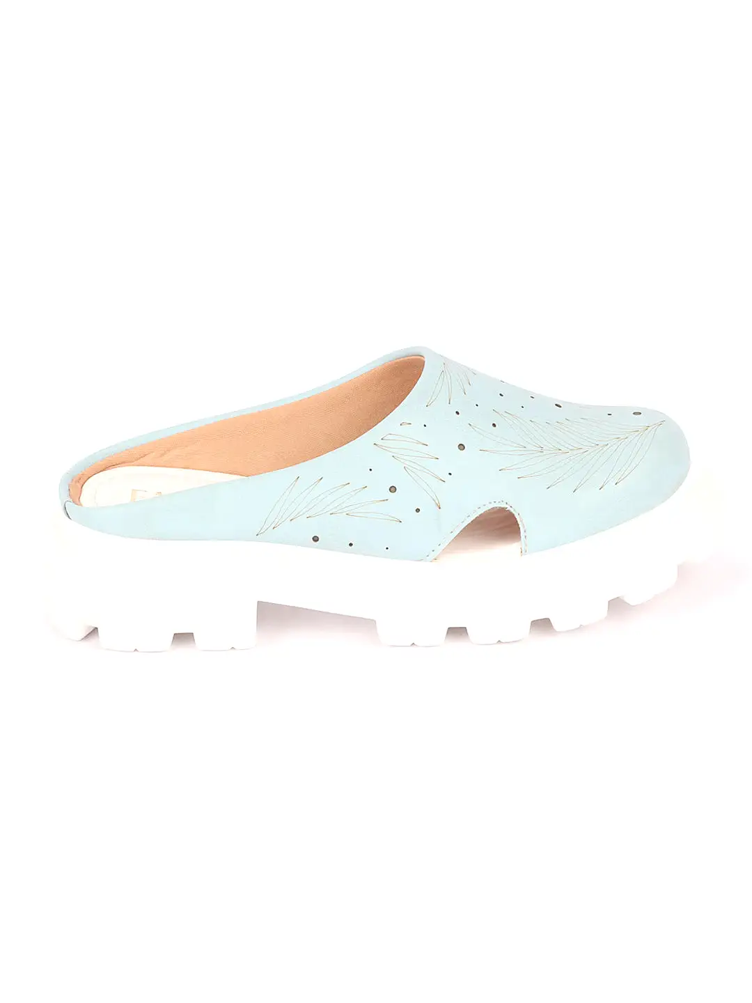 Women Sky Blue Fashion Outdoor Leaf Print Laser Cut Design Open Back Slip On Casual Shoes