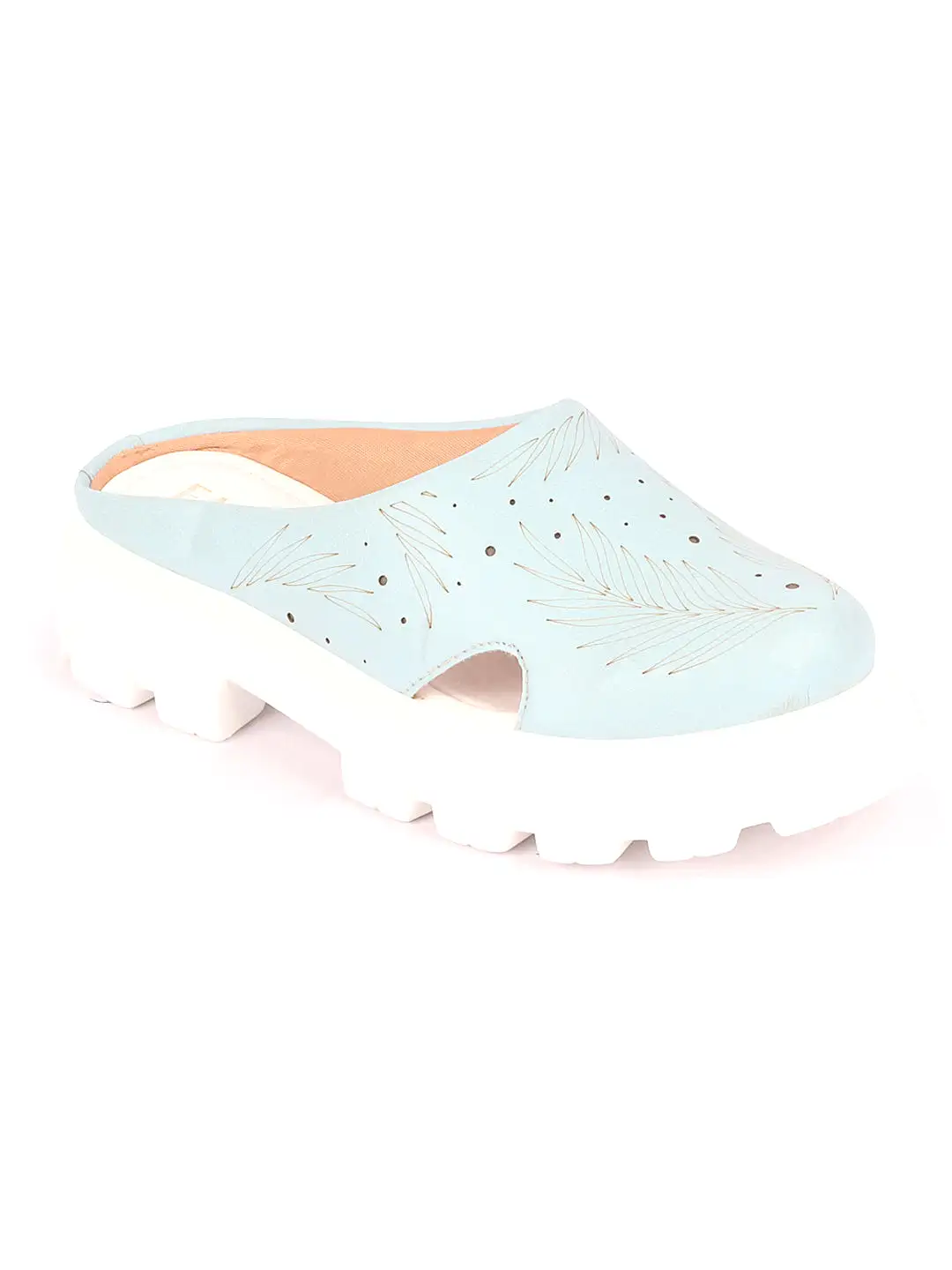 Women Sky Blue Fashion Outdoor Leaf Print Laser Cut Design Open Back Slip On Casual Shoes