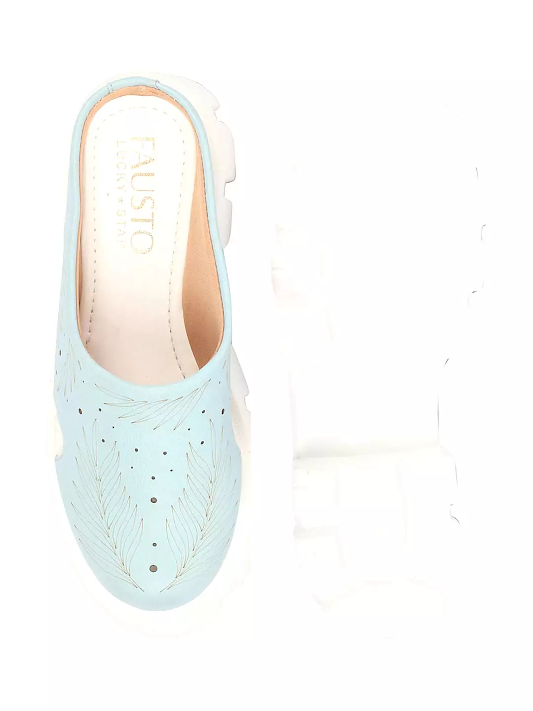 Women Sky Blue Fashion Outdoor Leaf Print Laser Cut Design Open Back Slip On Casual Shoes