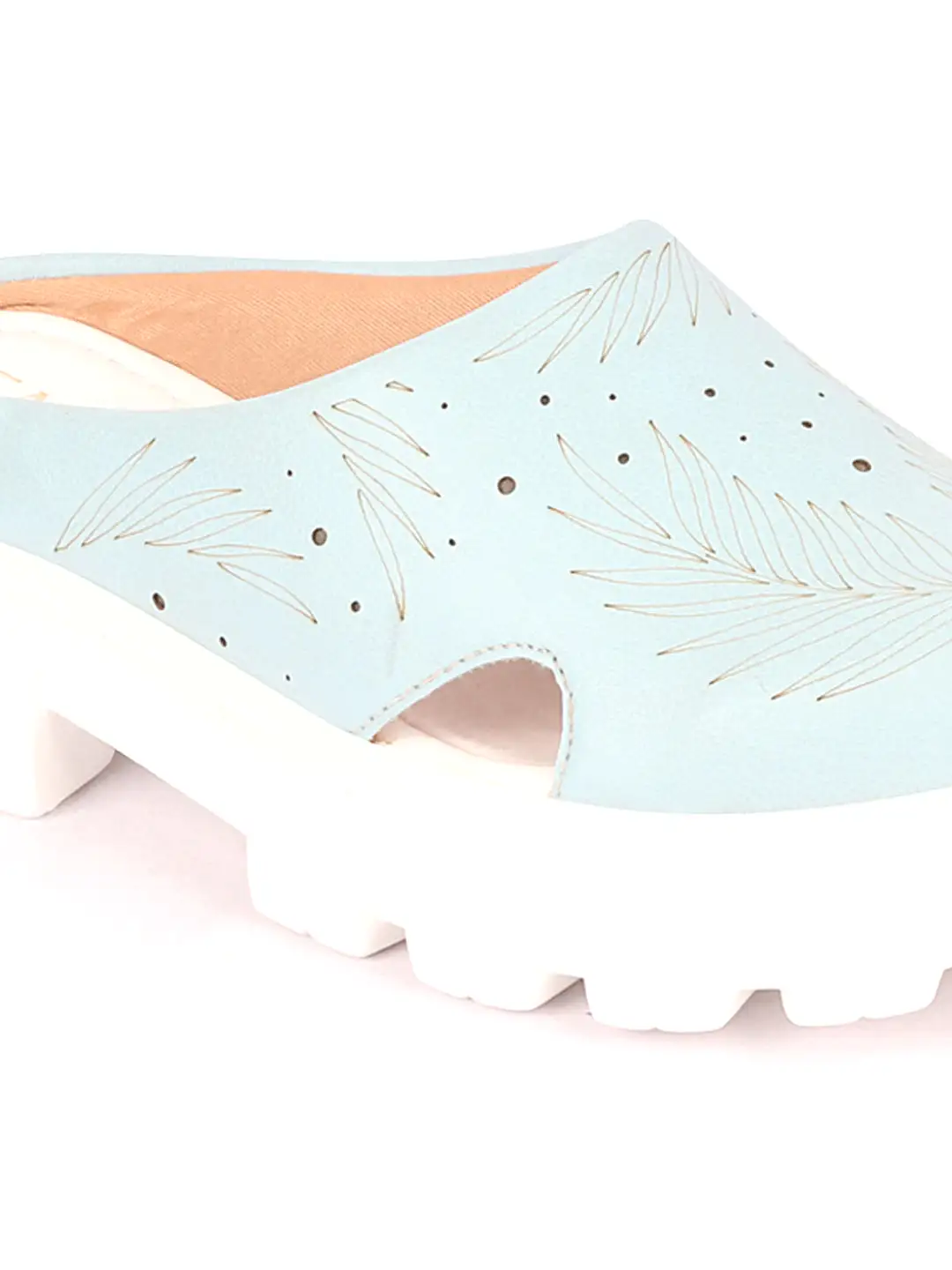 Women Sky Blue Fashion Outdoor Leaf Print Laser Cut Design Open Back Slip On Casual Shoes