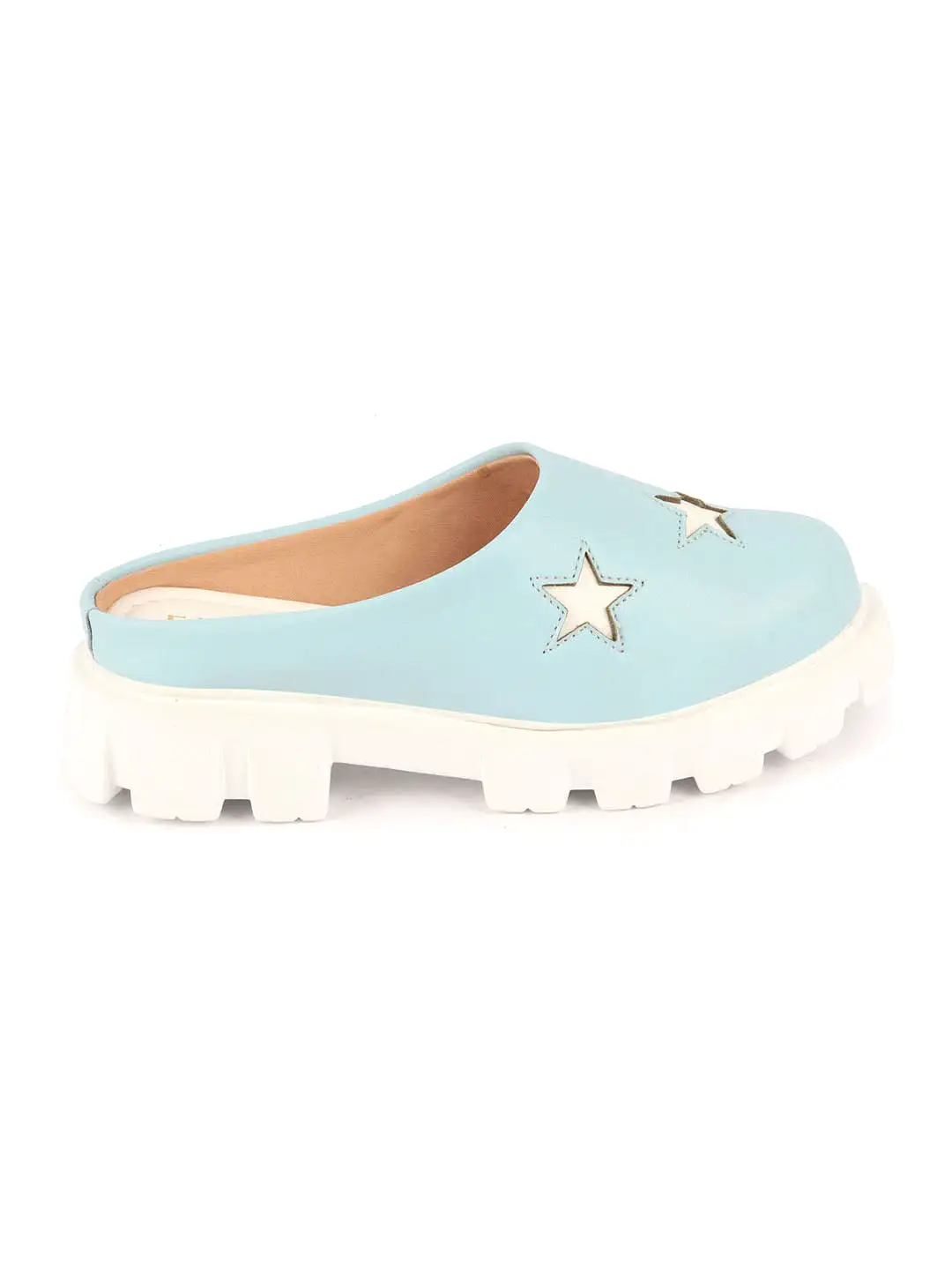 Women Sky Blue Laser Cut Star Open Back Height Enhancer Slip On Casual Shoes