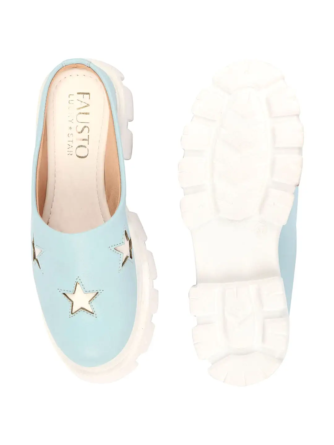 Women Sky Blue Laser Cut Star Open Back Height Enhancer Slip On Casual Shoes