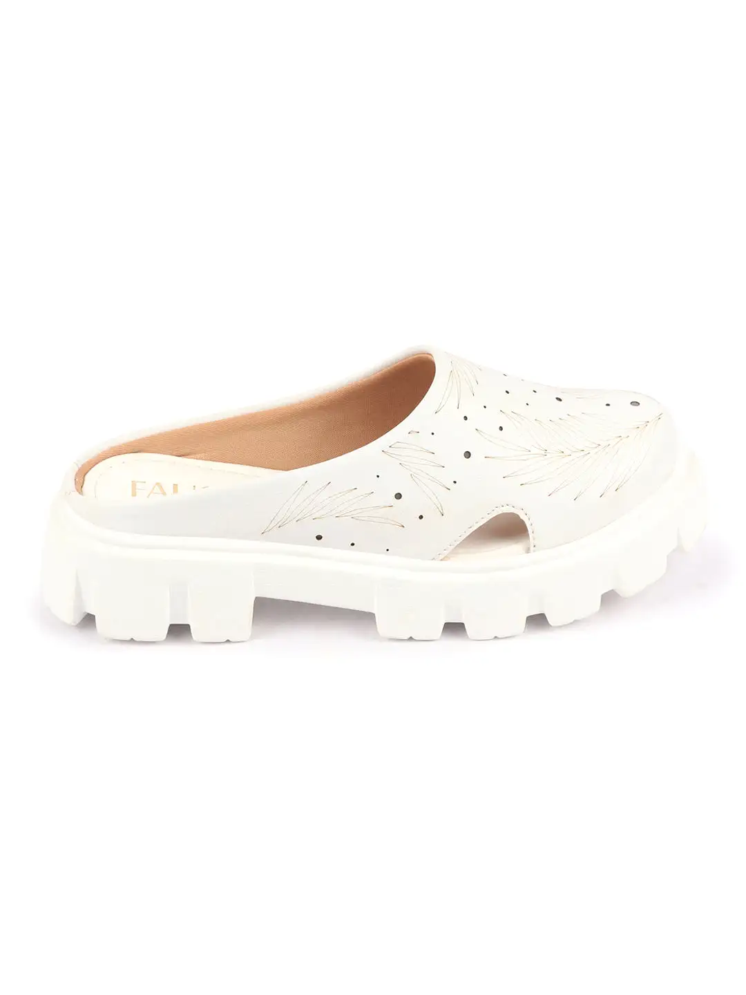 Women White Fashion Outdoor Leaf Print Laser Cut Design Open Back Slip On Casual Shoes