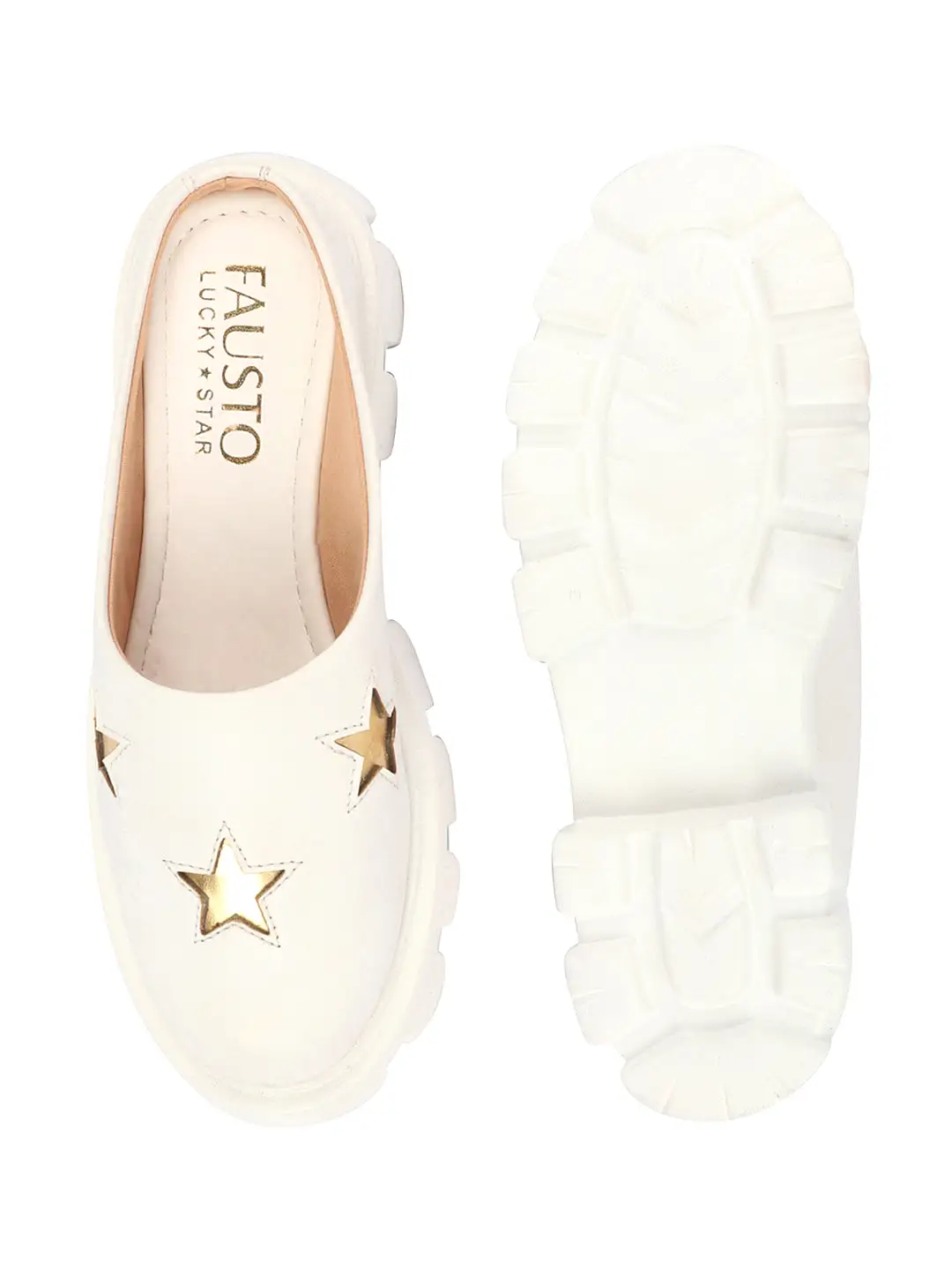 Women White Laser Cut Star Open Back Height Enhancer Slip On Casual Shoes